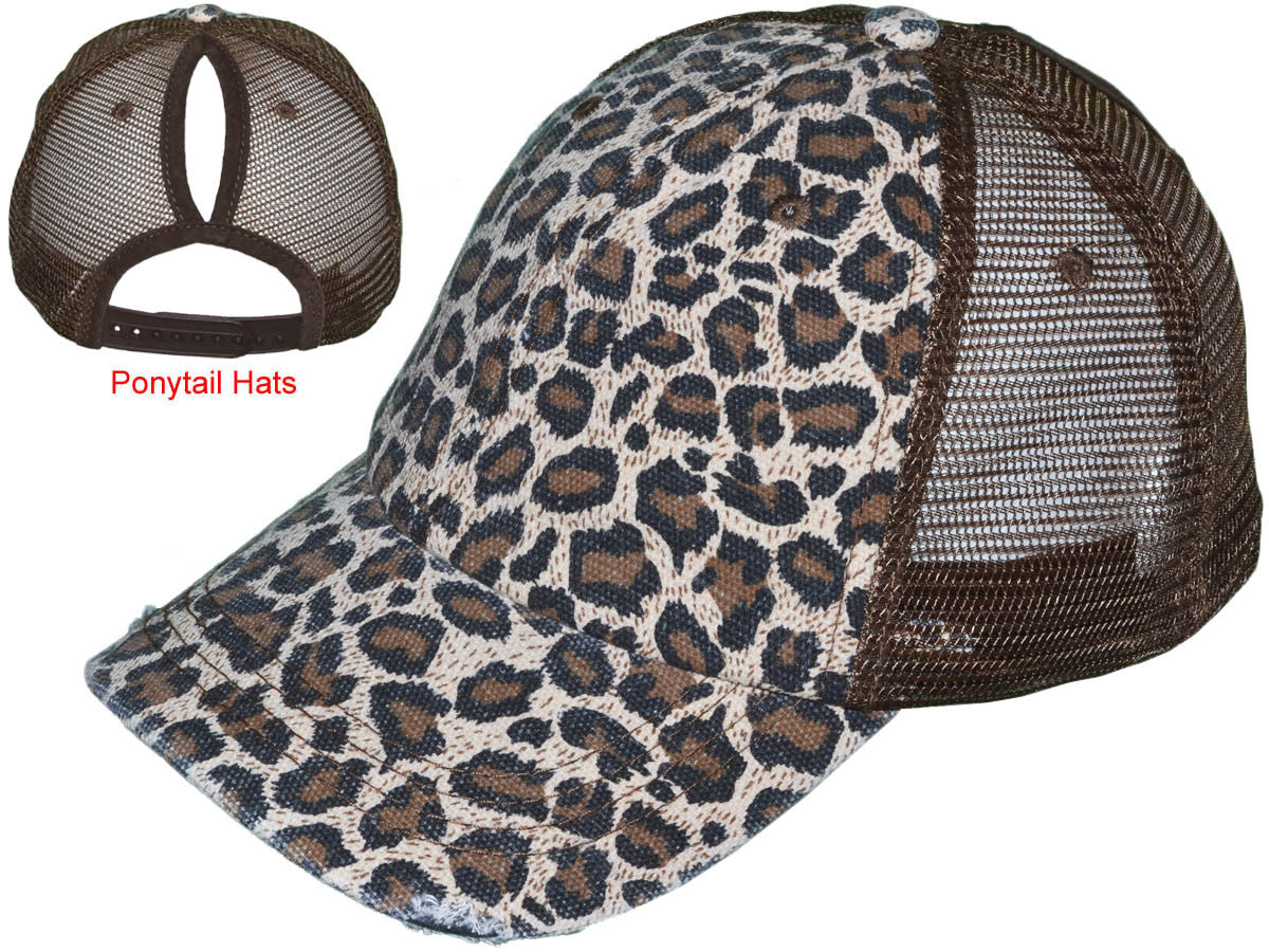 Vintage Distressed Leopard Ponytail Trucker Hats