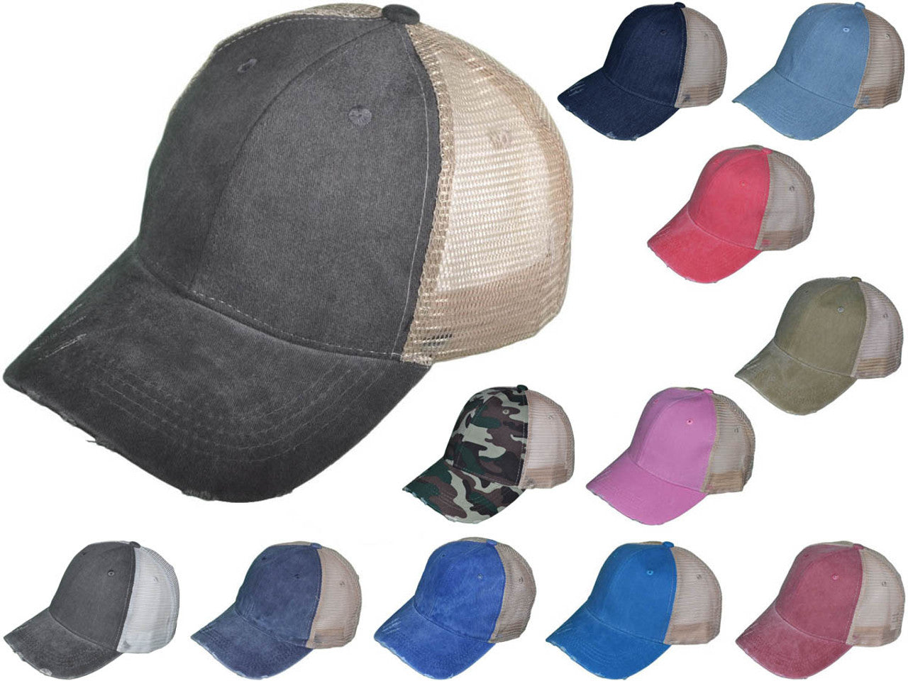 Wholesale BK Caps Low Profile Structured Pigment-Dyed Cotton Distressed Mesh Trucker Hats (Black/Khaki)