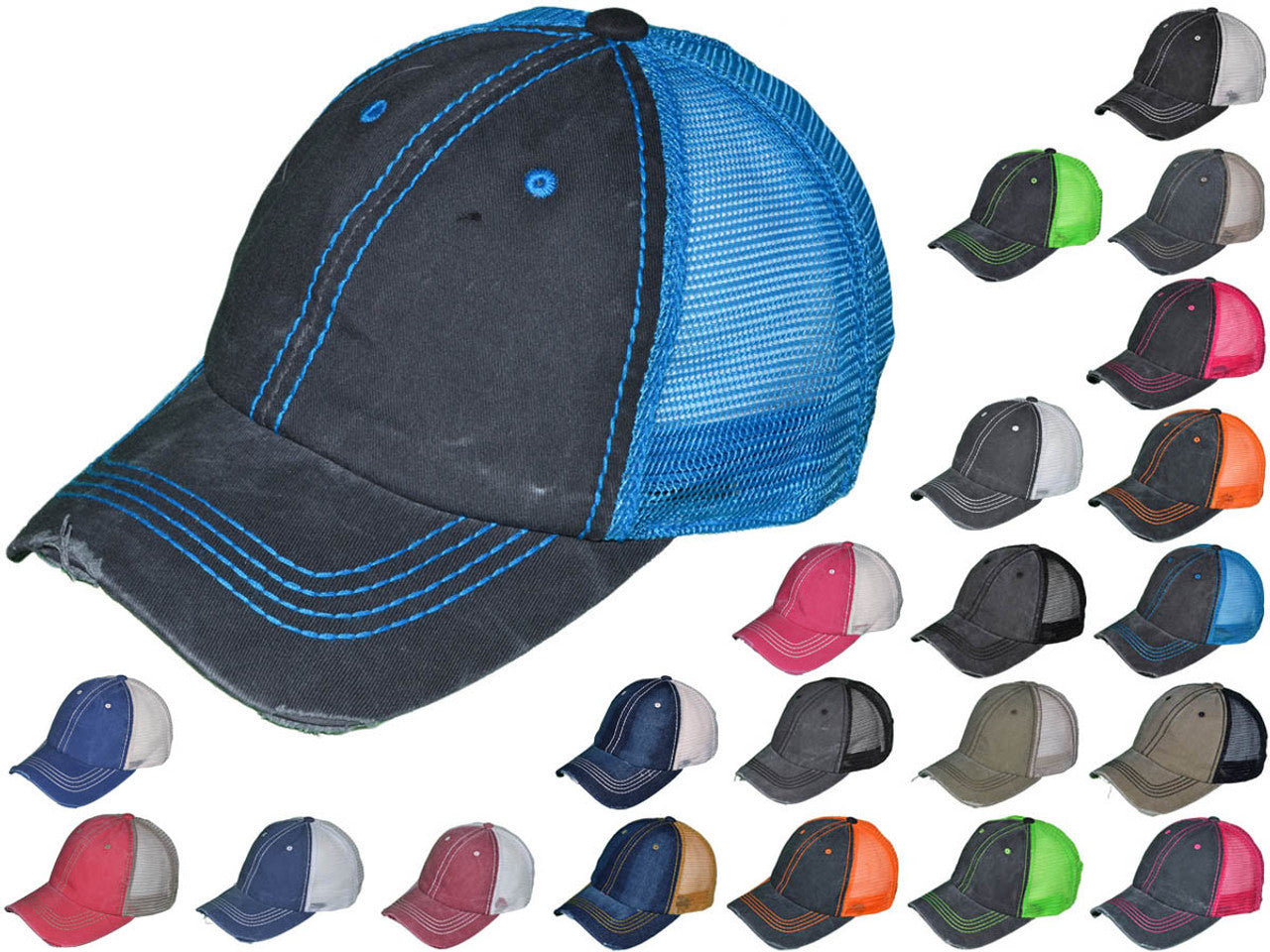 Vintage Distressed Trucker Hats - BK Caps Low Profile Pigment-Dyed Cotton Ripped (22 Colors Available) - 5226
