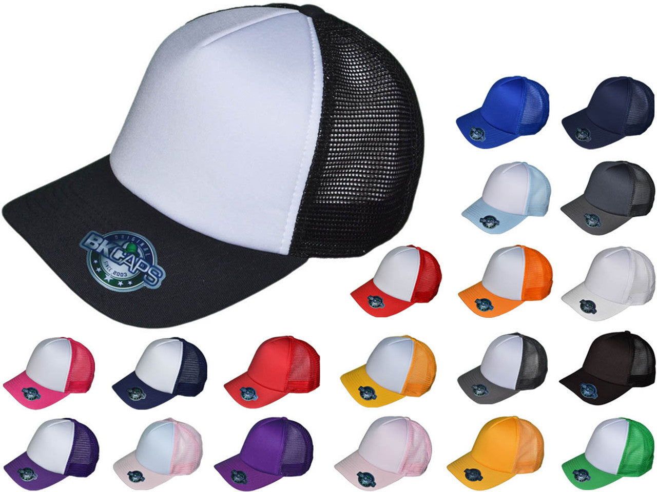 Premium Foam Trucker Hats – 5 Panel Cotton Front Mesh Back with Black Underbill (20 Colors) – Style 5358