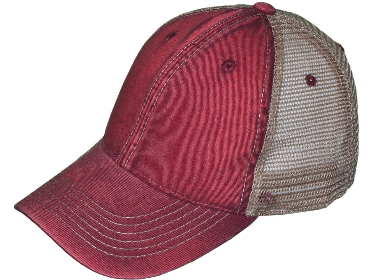 Burgundy Red/Khaki Dirty Wash Cotton Trucker Hat - Unstructured