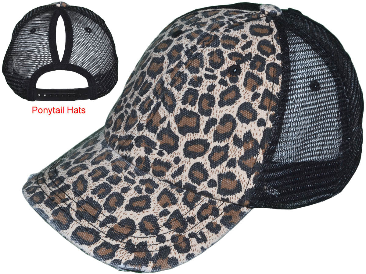 Vintage Distressed Leopard Ponytail Trucker Hats