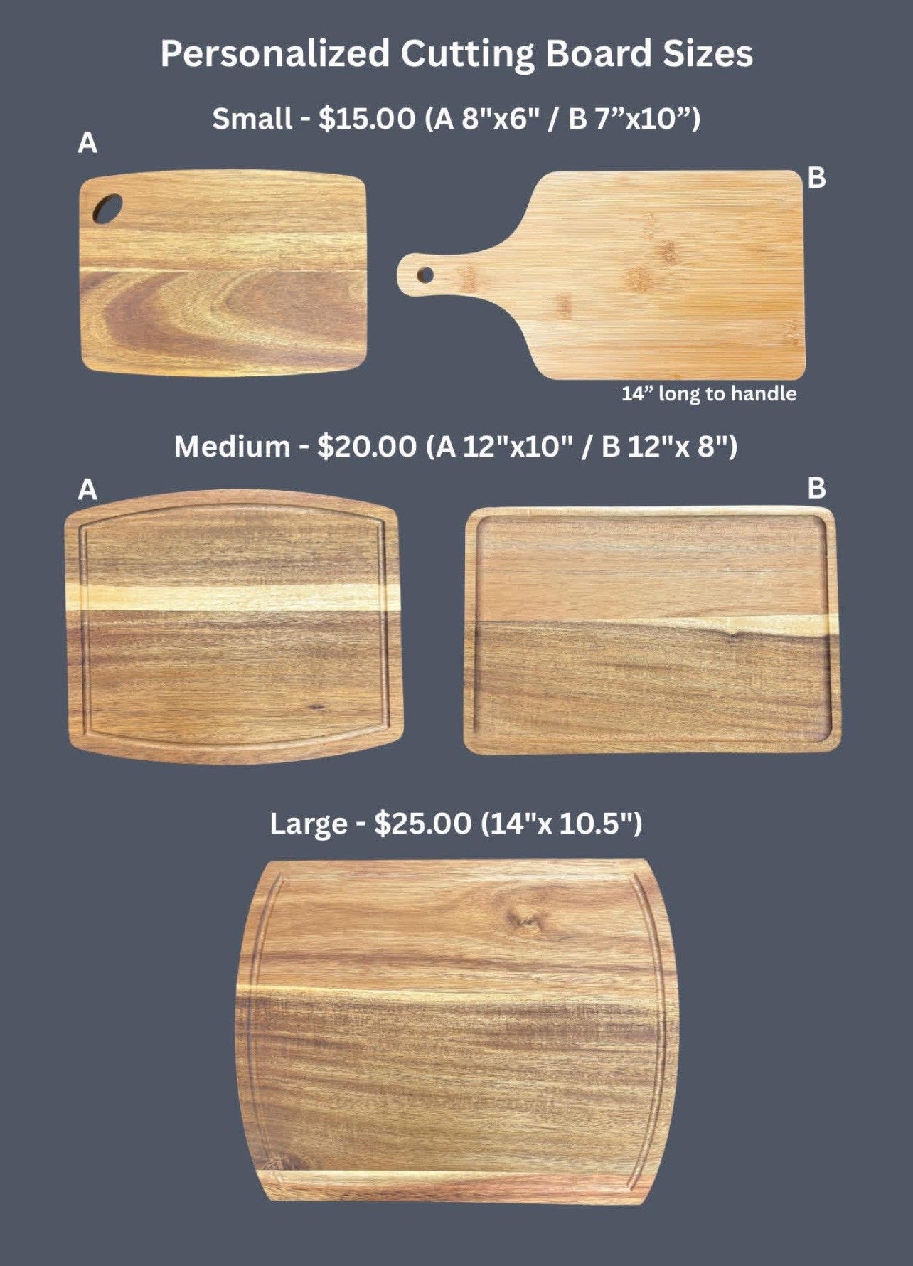 Small, Medium, Large cutting boards with dimensions and pricing Hill Top Hats