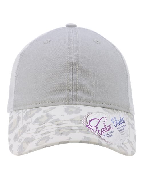 Evolve Women's Printed Bill with Ponytail Mesh Back Cap - Grey/ Snow Leopard/ White