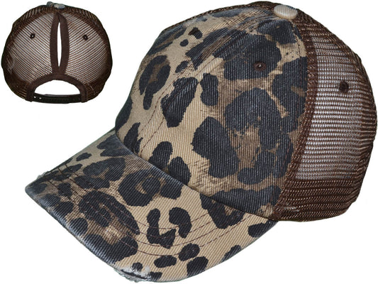 Vintage Distressed Leopard Ponytail Trucker Hats