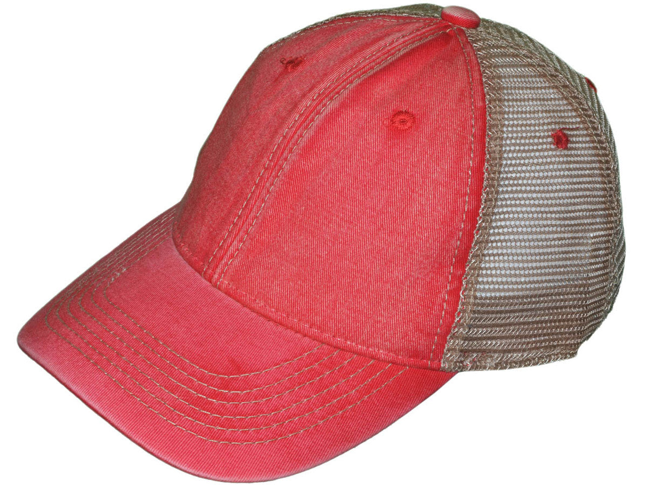 Red/Khaki Dirty Wash Cotton Trucker Hat - Unstructured