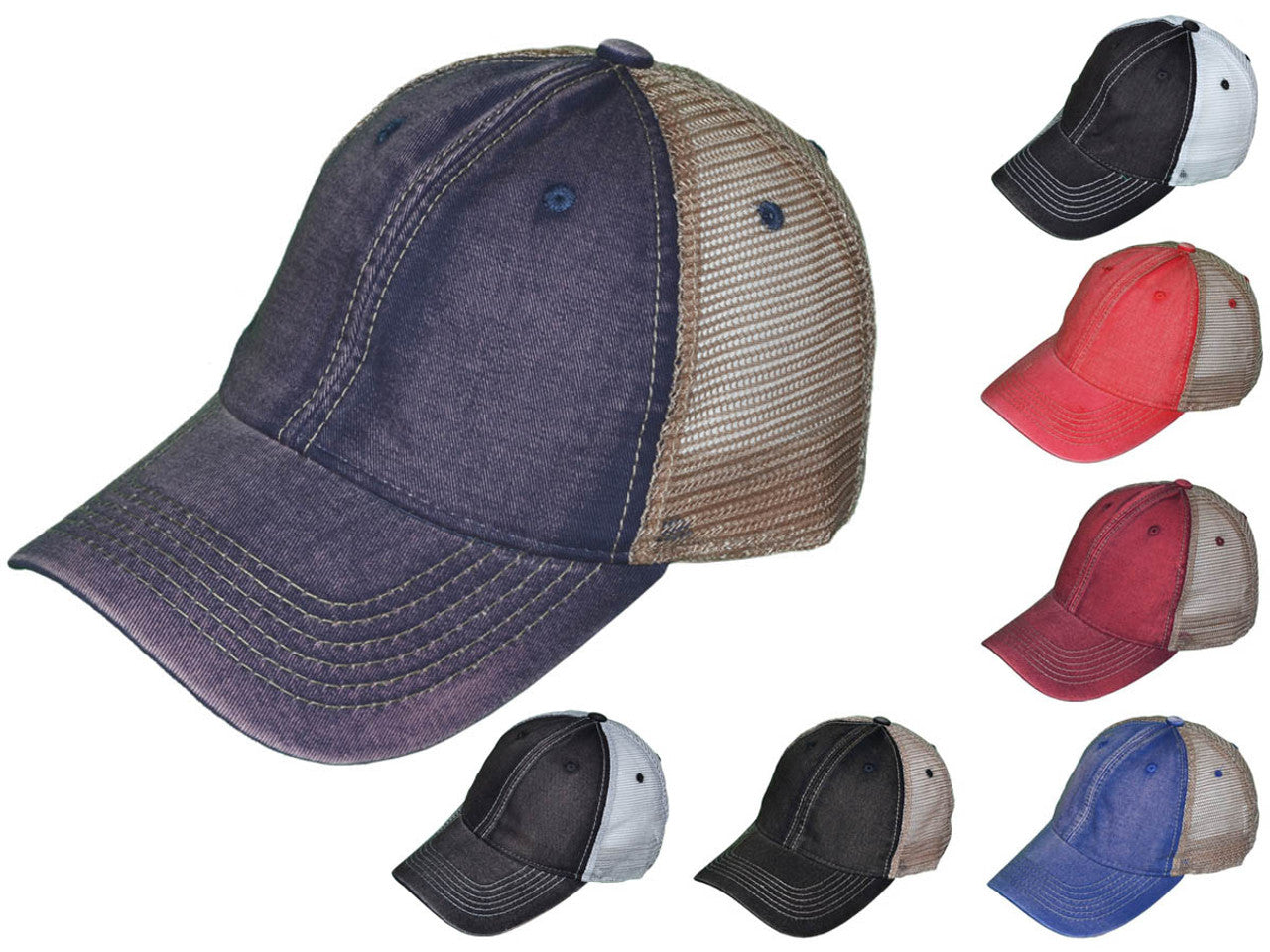Dirty Wash Cotton Trucker Hats - Unstructured Vintage Plastic Snapback Closure BK Caps (Choose color) - 5255