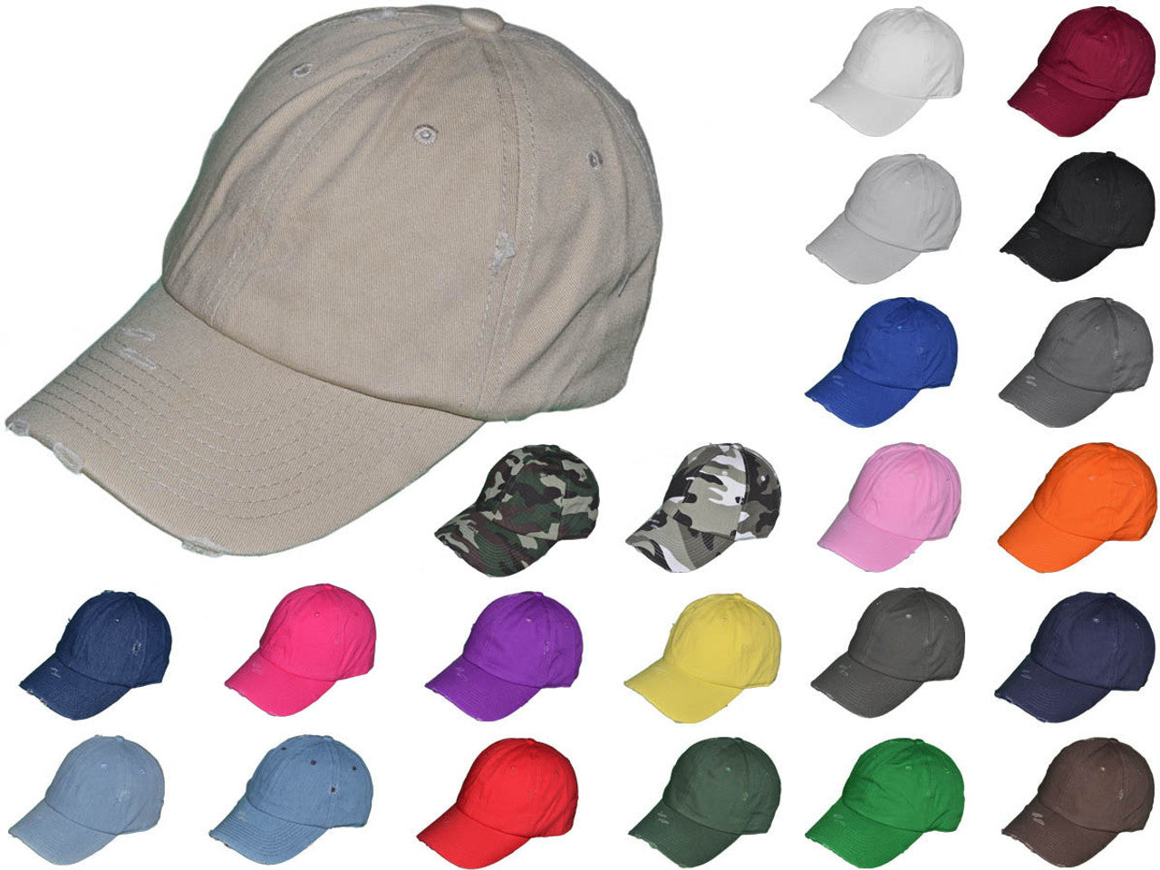 Vintage Dad Hats - Low Profile Washed Frayed Ripped Cotton Twill Polo BK Caps w/ Brass Buckle Closure (21 Colors) - 5209
