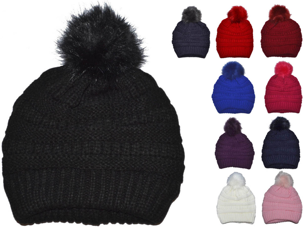 Winter Beanie W/Fur Pom-Pom - Warm Knit Soft Ladies Beanie Hat (10 Colors) - 5332